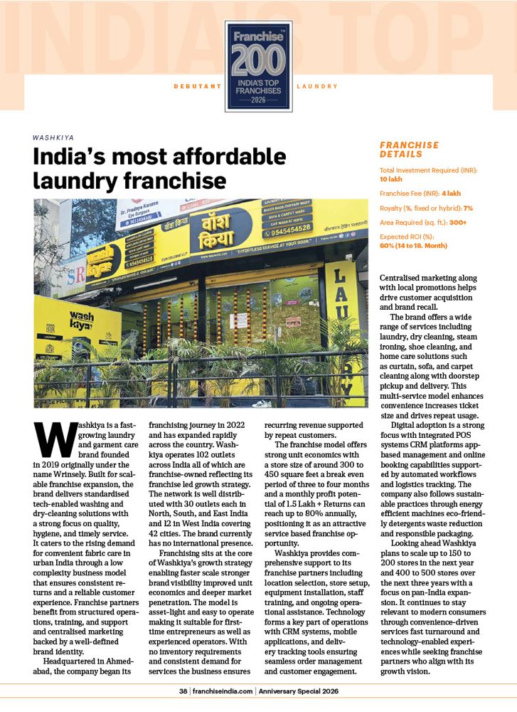 Washkiya feature in The Franchising World magazine Franchise 200