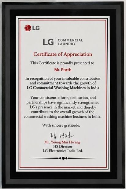 LG Electronics India Certificate of Appreciation to Parth Khatri